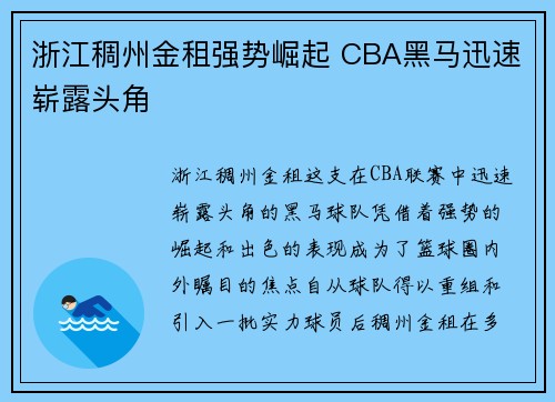 浙江稠州金租强势崛起 CBA黑马迅速崭露头角